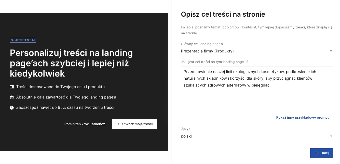 Wpisywanie prompta do generowania treści dla landing page'a