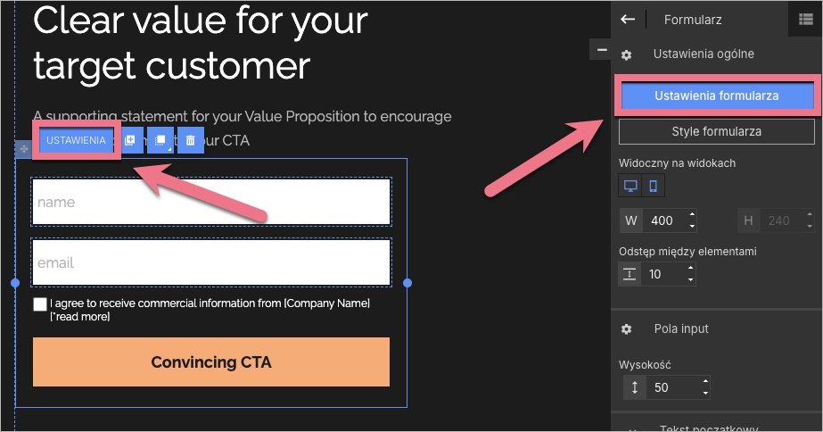 Przejdź do ustawień formularza