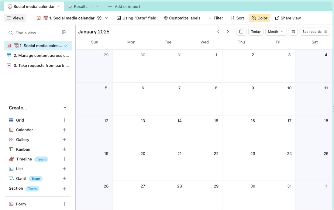 Social media calendar template from Airtable