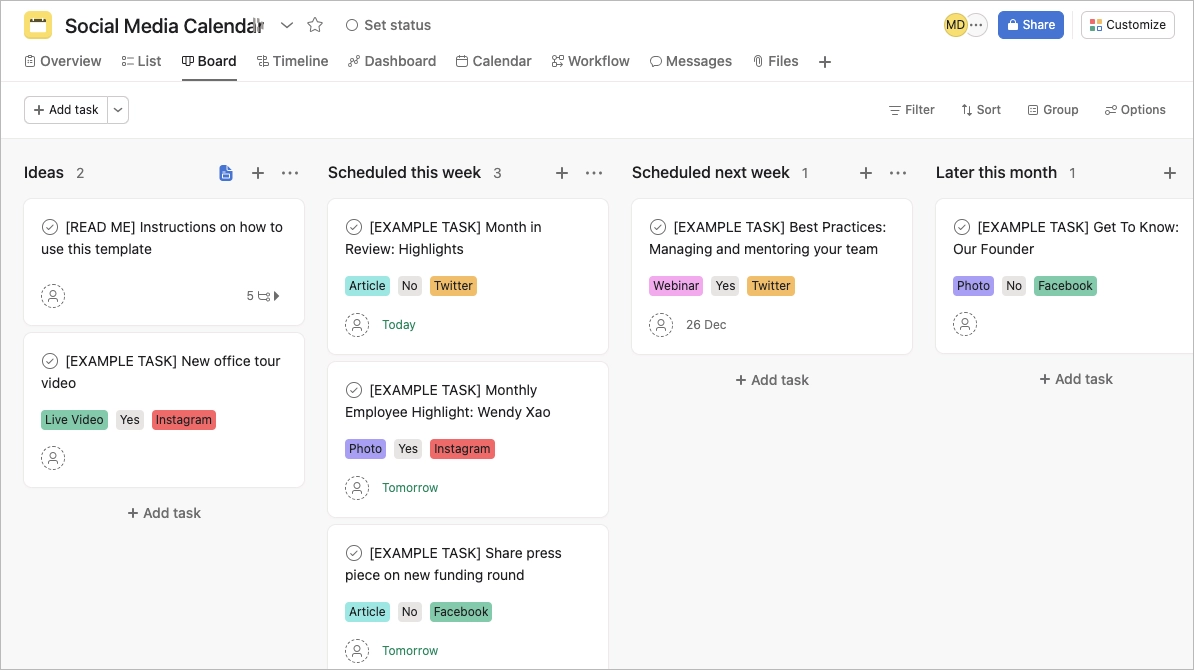 Social media calendar template from Asana