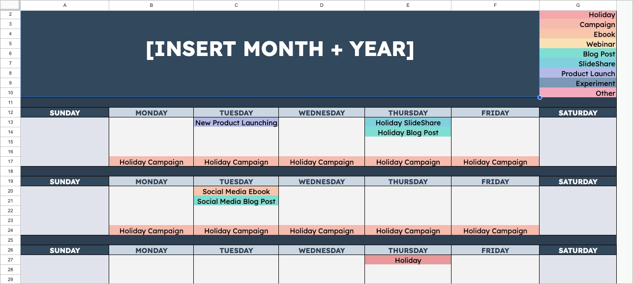 Social media marketing calendar template from HubSpot
