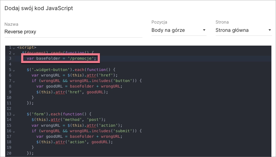Dodawanie kodu javascript dla reverse proxy