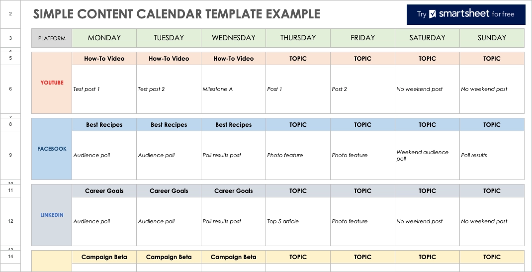 Social content calendar template from Smartsheet