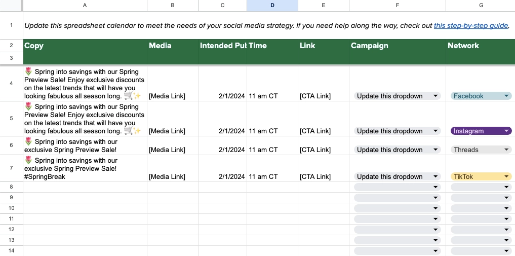 Social media calendar template from Sprout Social