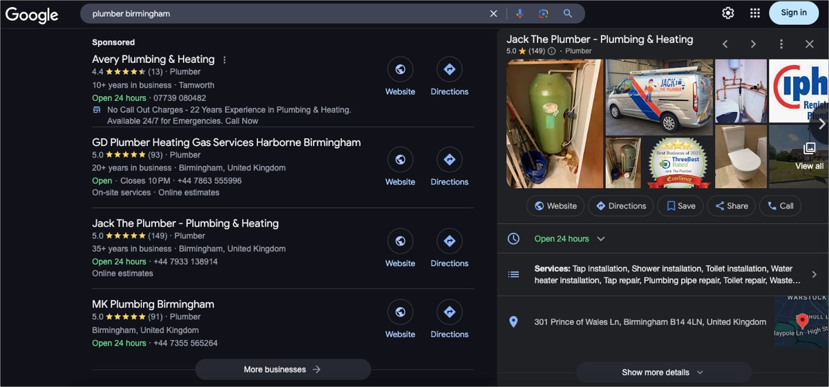GBP da empresa de encanamento