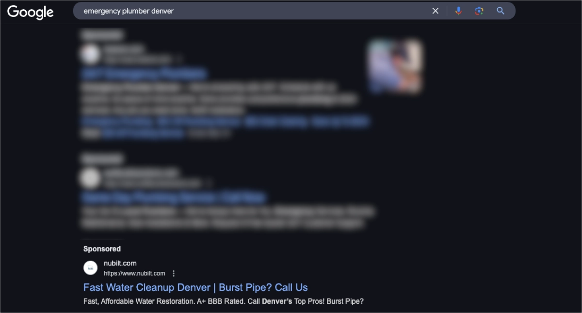 Anúncio da empresa de encanamento no Google