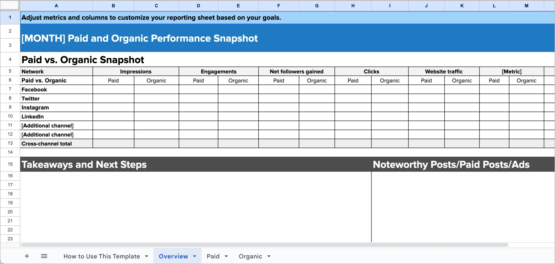Social Media Analytics Spreadsheet-Vorlage für bezahlte und organische Berichterstattung von Sprout Social