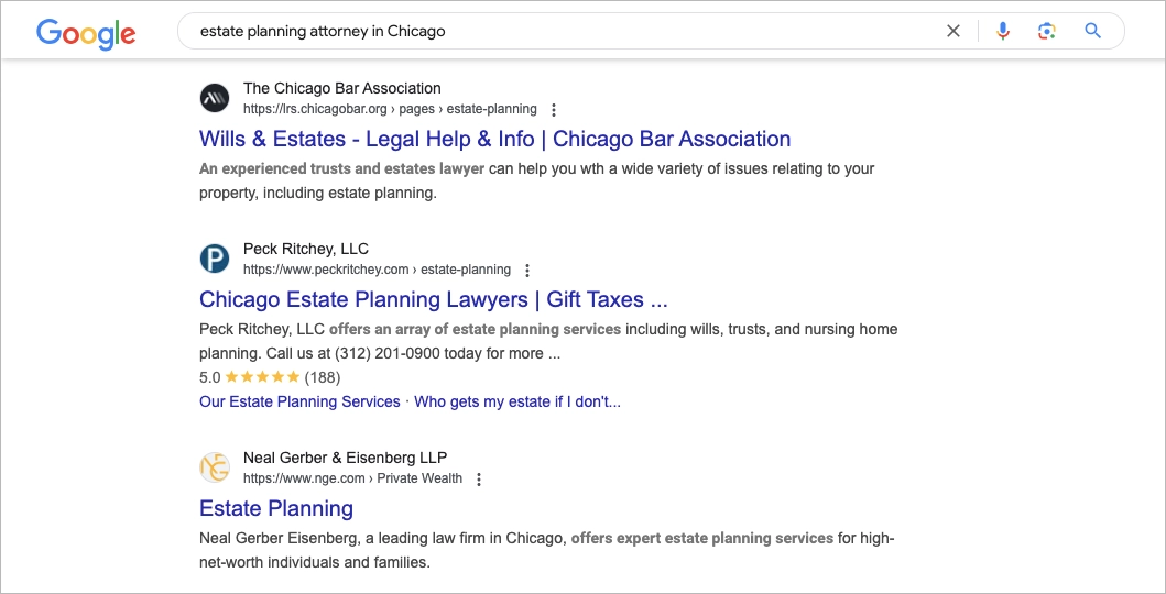 Results in SERP when looking for attorney in Chicago