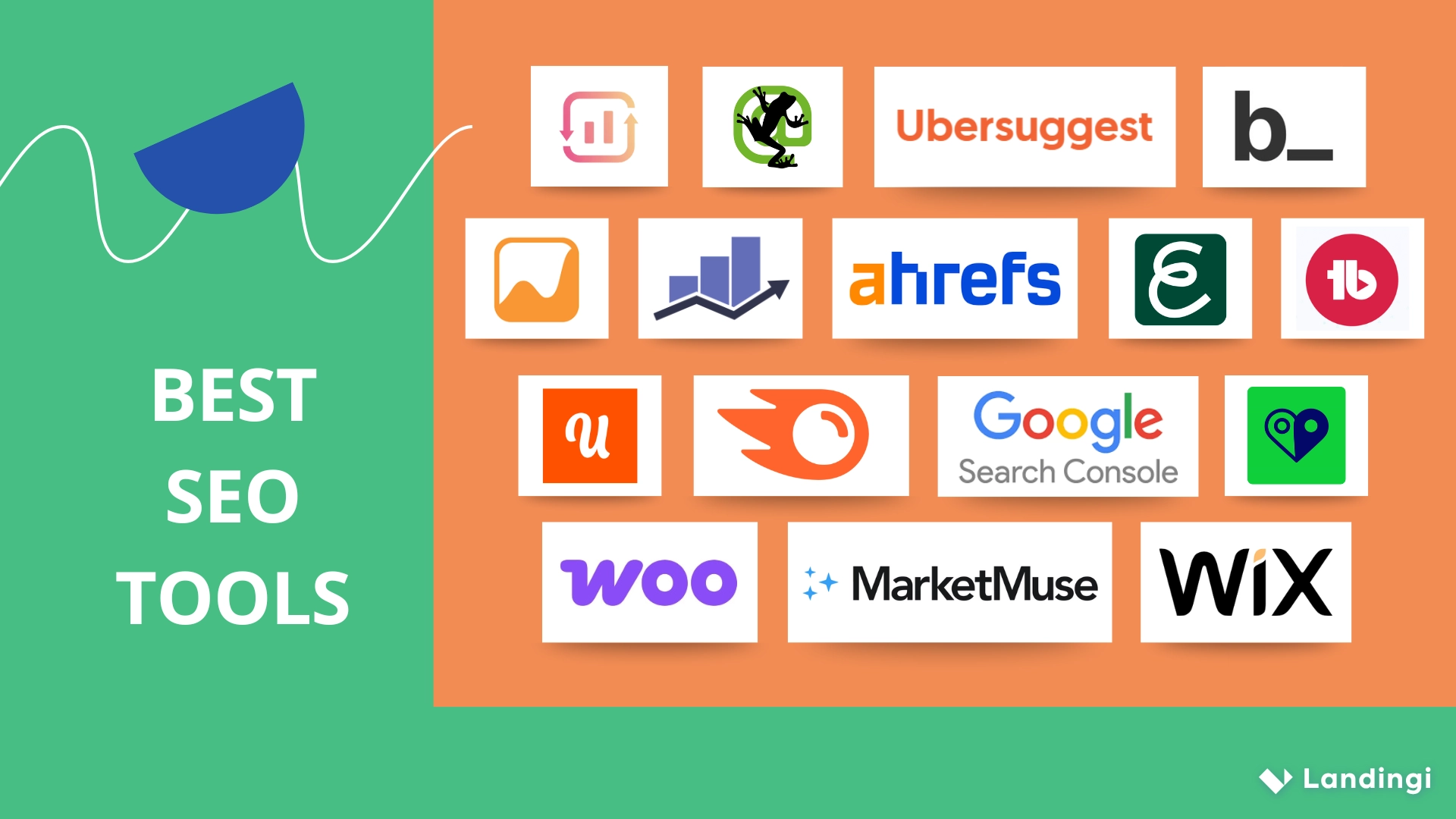 Logos of best SEO tools: Ahrefs, Semrush, Surfer SEO, Google Search Console, Screaming Frog SEO Spider, AccuRanker, BrightLocal, TubeBuddy, MarketMuse, Byword, Ubersuggest, Wix SEO Wiz, Rank Math, eRank, Plug In SEO, and Yaccoast WooCommerce SEO