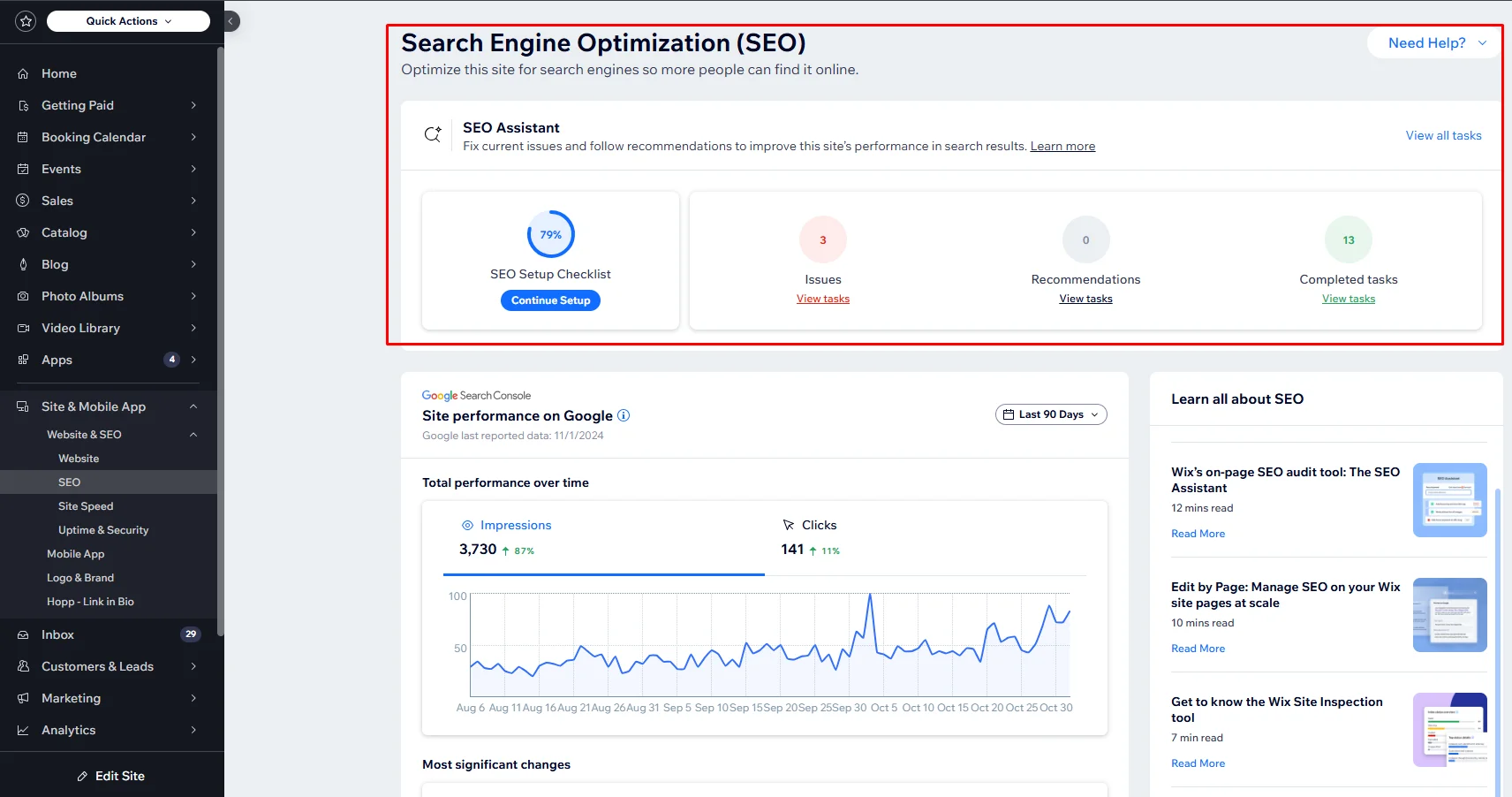 SEO tool for Wix dashbaord