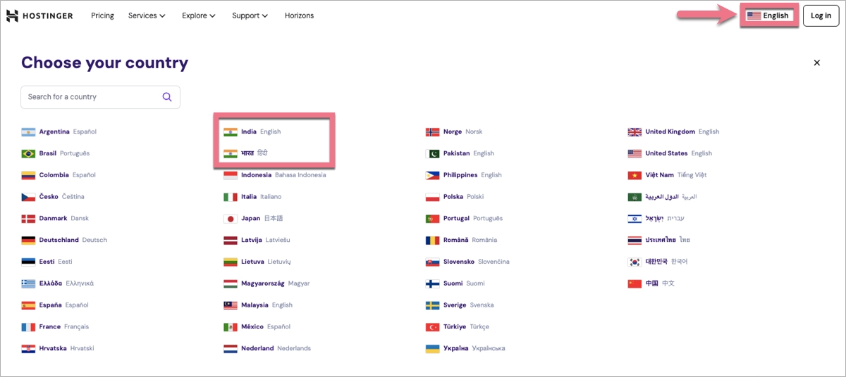 region and language selection options