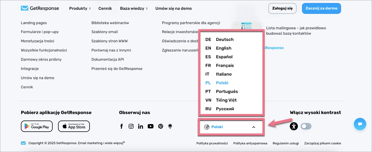language selection options