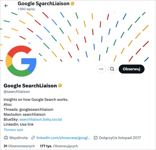 Google Search Liaison profile on X