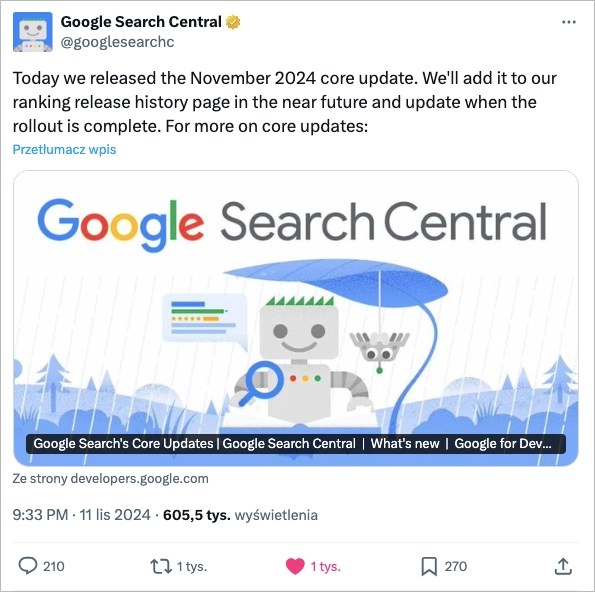 Google announcing November 2024 Core Update