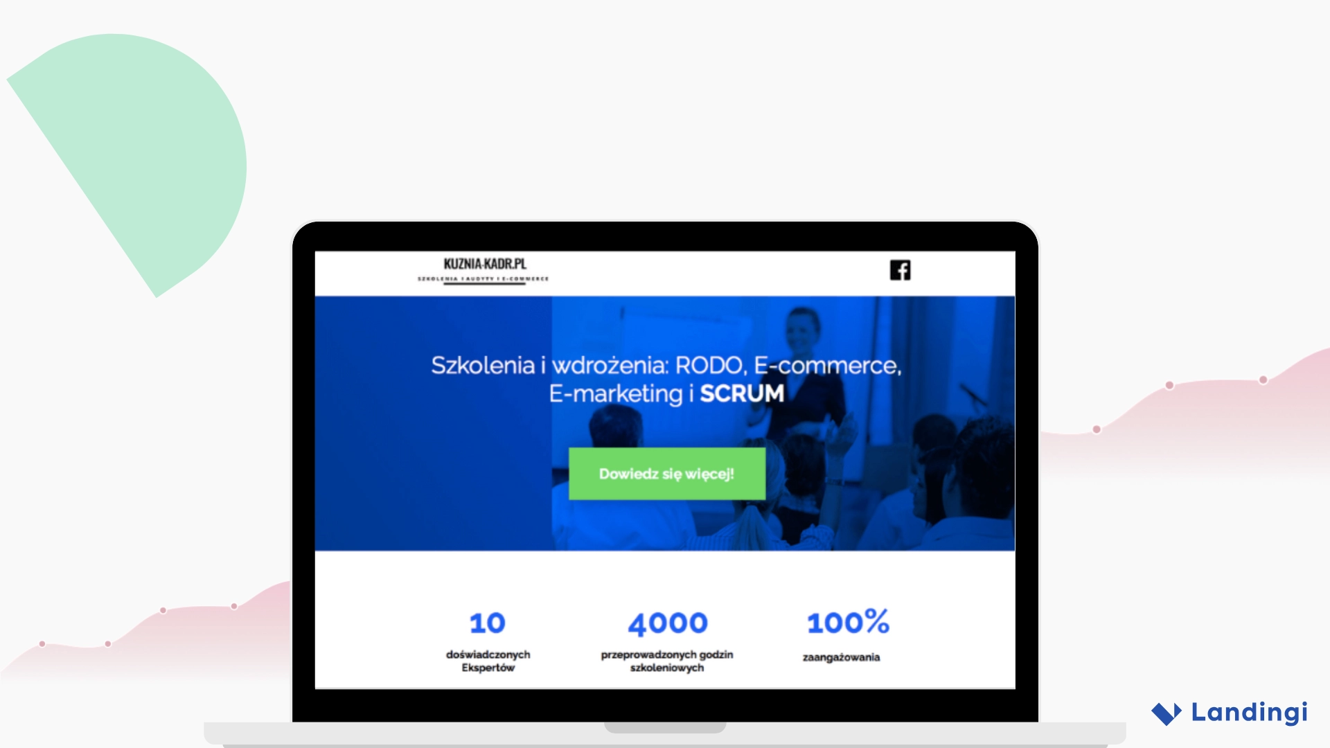 Screenshot of a Kuźnia-Kadr.pl landing page promoting trainings in GDPR, e-commerce, e-marketing, and Scrum..