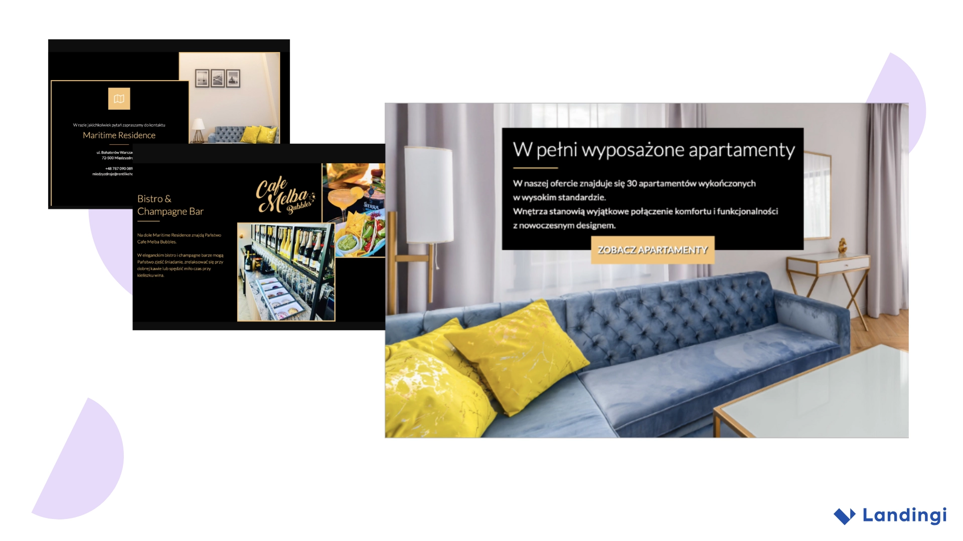 Screenshot of Rent Like Home’s landing pages for Maritime Residence, featuring modern apartment interiors and luxury branding elements.
