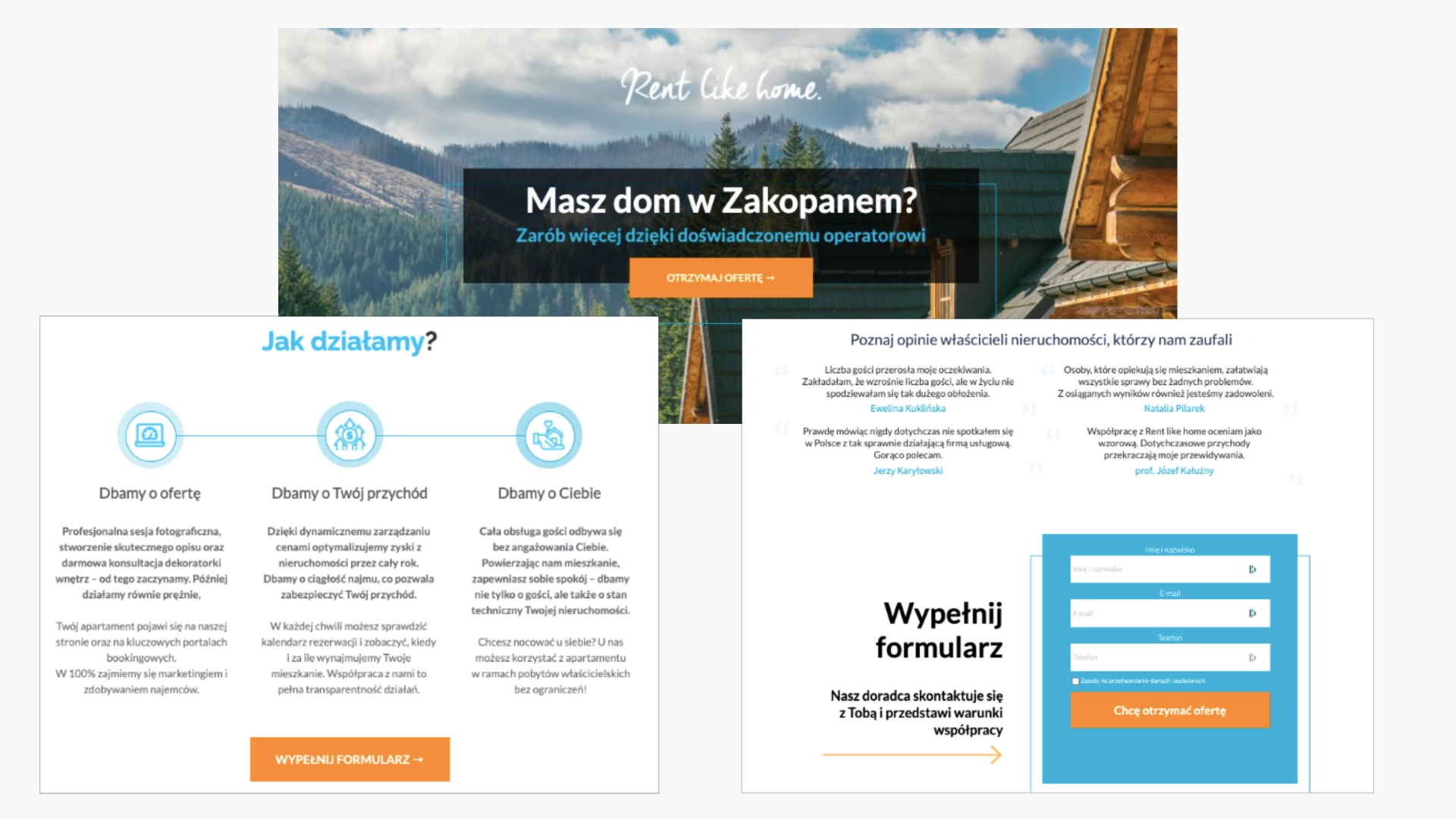 Screenshot of a Rent Like Home landing page for property owners in Zakopane, featuring a mountain background, step-by-step service explanation, testimonials, and a contact form.