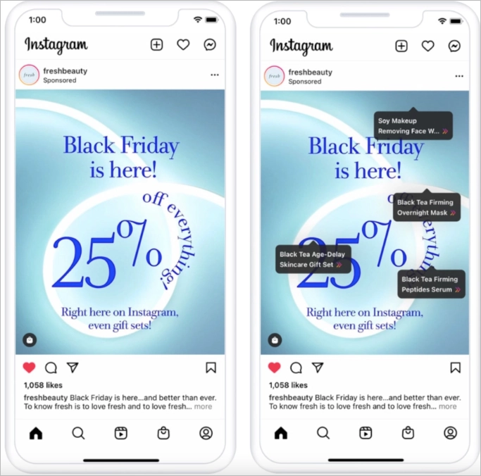 Instagram social media ad example from Fresh Beauty promoting a Black Friday sale.