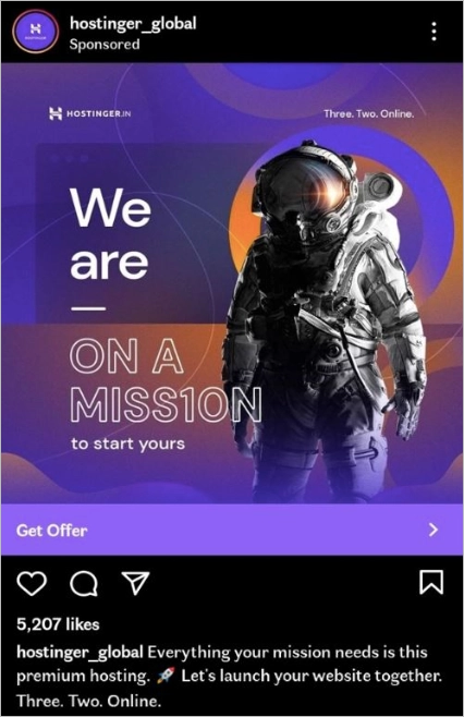 Instagram ad example from Hostinger featuring a space-themed “We are on a miss10n” campaign.