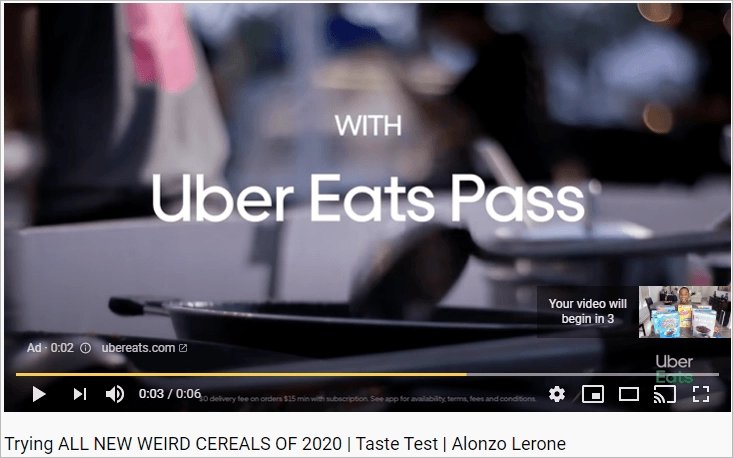 YouTube preroll ad example from Uber Eats promoting the Uber Eats Pass subscription.